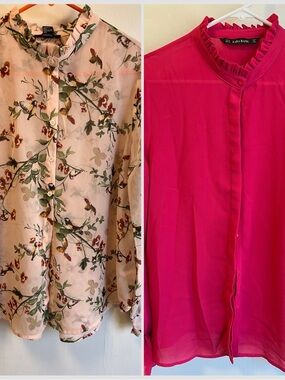 2 pc Zara Floral Cream Blouse & Fever 21 Ruffle-Neck Blouse